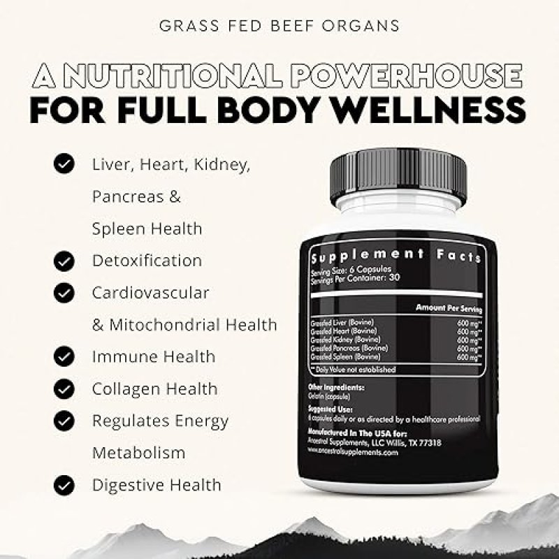 ANCESTRAL SUPPLEMENTS GRASS-FED BEEF ORGAN COMPLEX LIVER, HEART, KIDNEY, NON-GMO, 180 CAPS