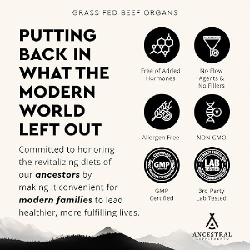ANCESTRAL SUPPLEMENTS GRASS-FED BEEF ORGAN COMPLEX LIVER, HEART, KIDNEY, NON-GMO, 180 CAPS