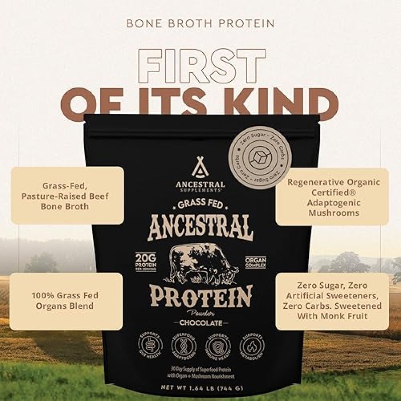 ANCESTRAL SUPPLEMENTS GRASS-FED CHOCOLATE PROTEIN POWDER WITH BEEF ORGANS MUSHROOMS, 30-DAY