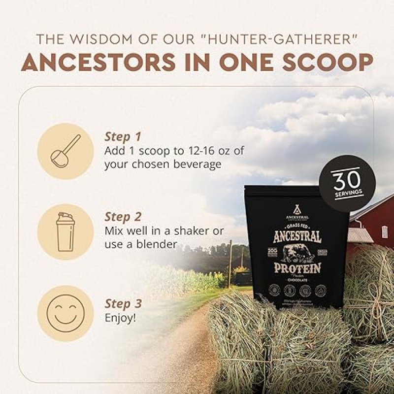 ANCESTRAL SUPPLEMENTS GRASS-FED CHOCOLATE PROTEIN POWDER WITH BEEF ORGANS MUSHROOMS, 30-DAY