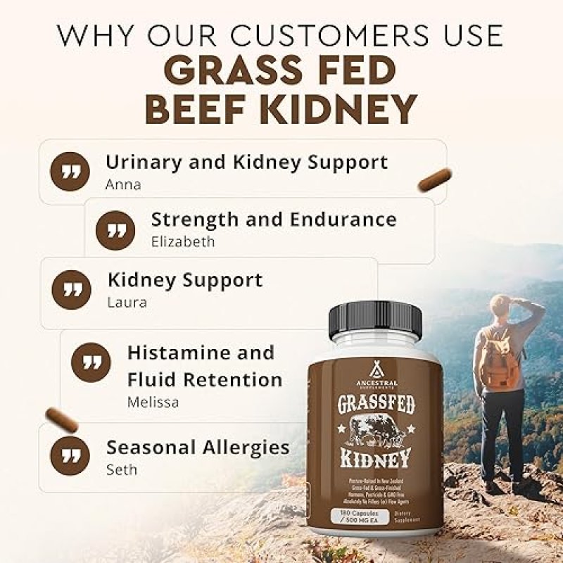 ANCESTRAL SUPPLEMENTS GRASS FED BEEF KIDNEY 3000MG - DAO ENZYME, KIDNEY HISTAMINE SUPPORT