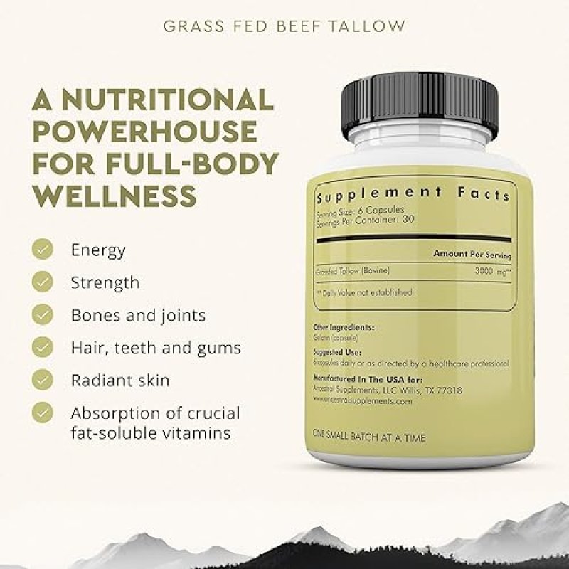 ANCESTRAL SUPPLEMENTS BEEF TALLOW CAPSULES 3000MG SUPPORTS BONES, SKIN, IMMUNITY 180CT
