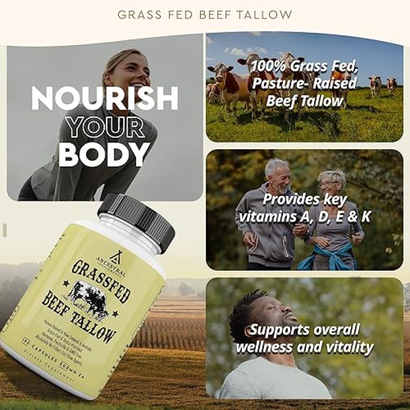 ANCESTRAL SUPPLEMENTS BEEF TALLOW CAPSULES 3000MG SUPPORTS BONES, SKIN, IMMUNITY 180CT