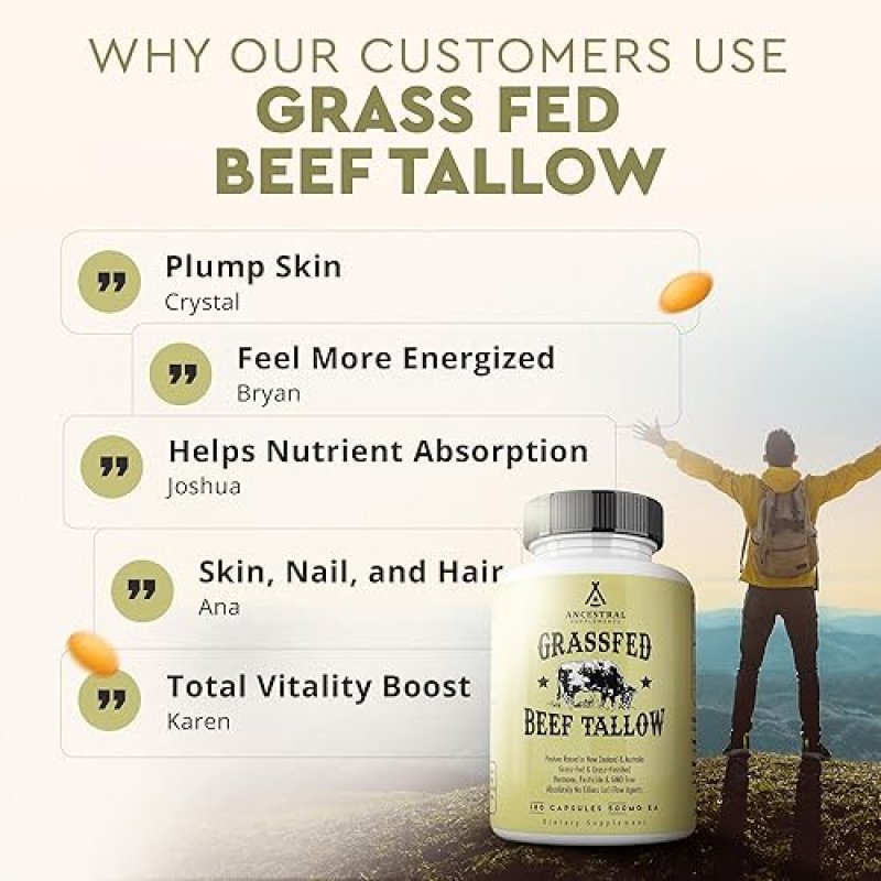 ANCESTRAL SUPPLEMENTS BEEF TALLOW CAPSULES 3000MG SUPPORTS BONES, SKIN, IMMUNITY 180CT