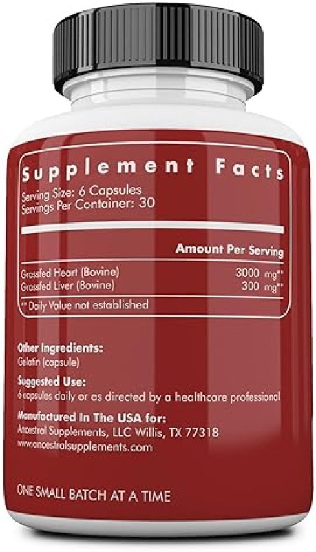ANCESTRAL SUPPLEMENTS GRASS-FED BEEF HEART 3300MG WITH COQ10, NON-GMO, 180 CAPSULES