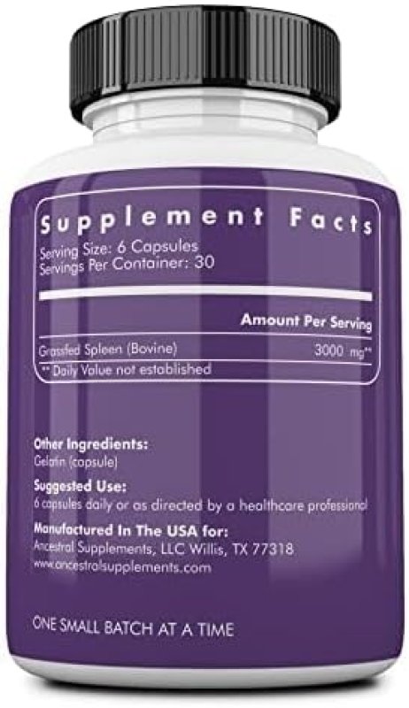 ANCESTRAL SUPPLEMENTS GRASS-FED BEEF SPLEEN 3000MG - IMMUNE, DIGESTIVE ENERGY SUPPORT, 180 CAPS