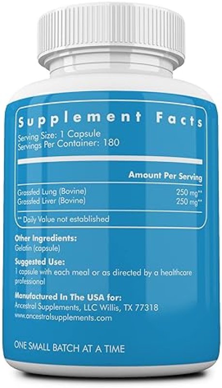 ANCESTRAL SUPPLEMENTS GRASS-FED BEEF LUNG LIVER 500MG RESPIRATORY CIRCULATORY HEALTH, 180 CAPS