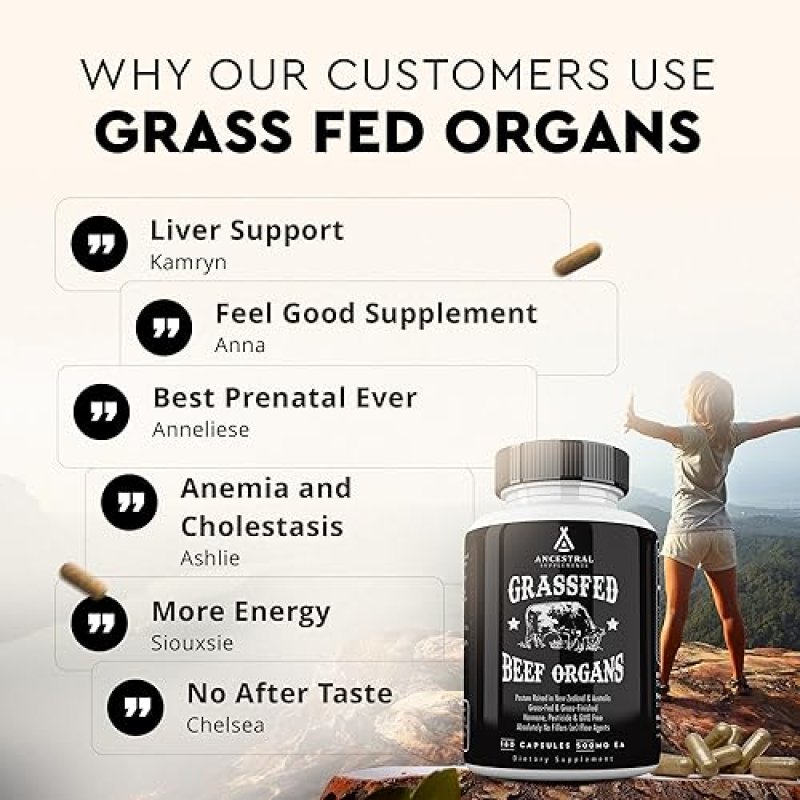 ANCESTRAL SUPPLEMENTS GRASS-FED BEEF ORGAN CAPSULES LIVER, HEART, KIDNEY BLEND, NON-GMO, 180CT