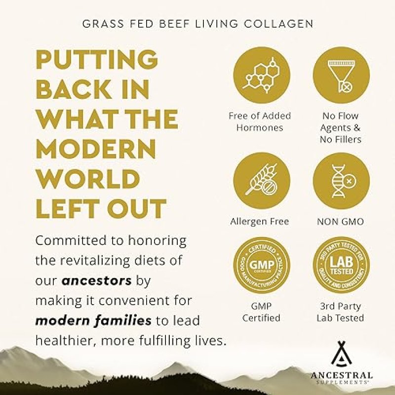 ANCESTRAL SUPPLEMENTS GRASS-FED BEEF COLLAGEN POWDER 3000MG, 180 CAPSULES SUPPORTS SKIN, HAIR JOINTS