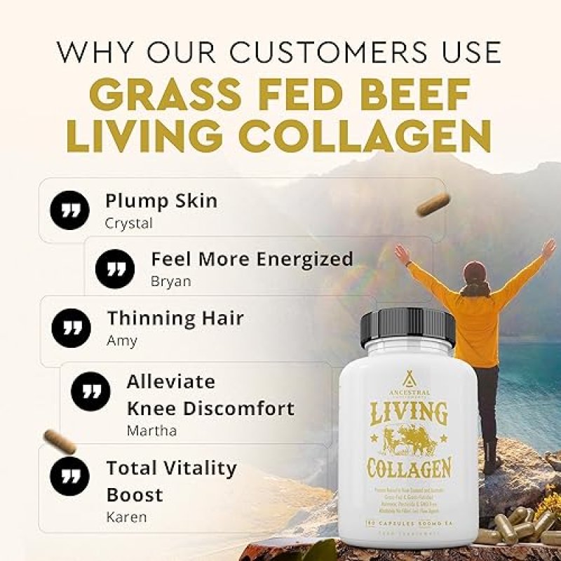ANCESTRAL SUPPLEMENTS GRASS-FED BEEF COLLAGEN POWDER 3000MG, 180 CAPSULES SUPPORTS SKIN, HAIR JOINTS