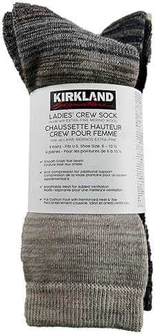 KIRKLAND SIGNATURE WOMENS EXTRA-FINE MERINO WOOL CREW SOCKS, MULTI-COLOR, 4-PACK