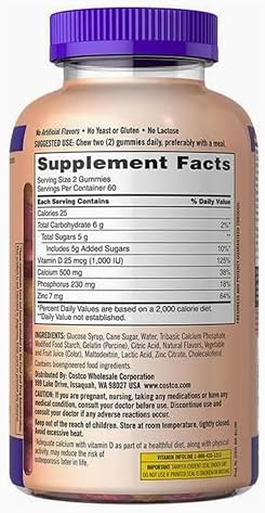 KIRKLAND SIGNATURE CHEWABLE CALCIUM VITAMIN D3 GUMMIES FOR ADULTS, 120 COUNT BOTTLE