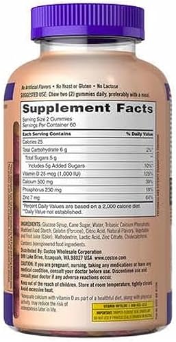 KIRKLAND SIGNATURE CHEWABLE CALCIUM VITAMIN D3 GUMMIES FOR ADULTS, 120 COUNT BOTTLE