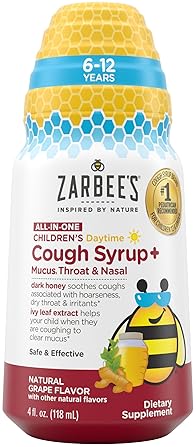 ZARBEES KIDS DAYTIME HONEY COUGH SYRUP WITH IVY LEAF, ZINC TURMERIC, DRUG-FREE, 4 OZ