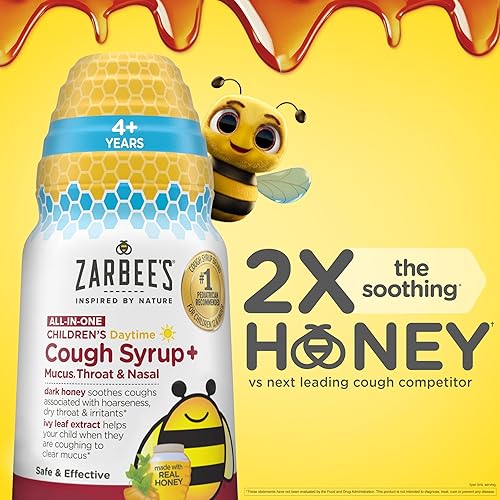 ZARBEES KIDS DAYTIME HONEY COUGH SYRUP WITH IVY LEAF, ZINC TURMERIC, DRUG-FREE, 4 OZ