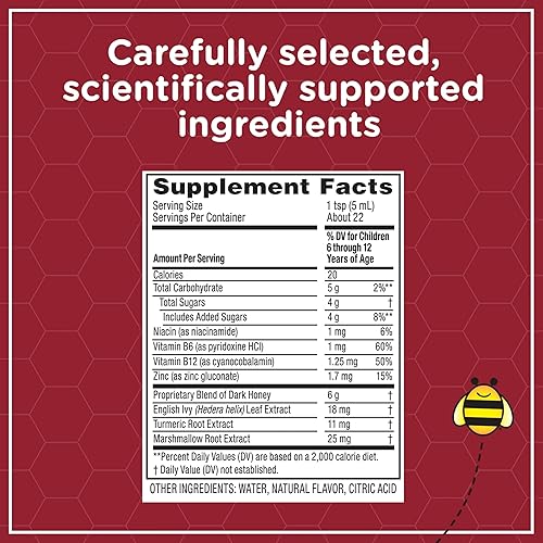 ZARBEES KIDS DAYTIME HONEY COUGH SYRUP WITH IVY LEAF, ZINC TURMERIC, DRUG-FREE, 4 OZ