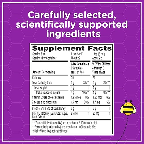 ZARBEES DAYTIME HONEY COUGH SYRUP FOR KIDS 2 , ELDERBERRY, VITAMIN D ZINC, 4 OZ