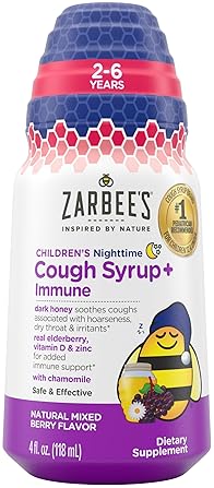 ZARBEES KIDS NIGHTTIME COUGH SYRUP IMMUNE SUPPORT, HONEY ELDERBERRY, DRUG-FREE 4OZ
