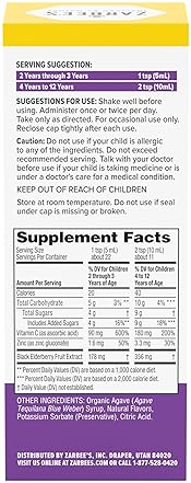 ZARBEES ELDERBERRY SYRUP FOR KIDS - IMMUNE SUPPORT WITH VITAMIN C ZINC, 4 FL OZ NATURAL BERRY