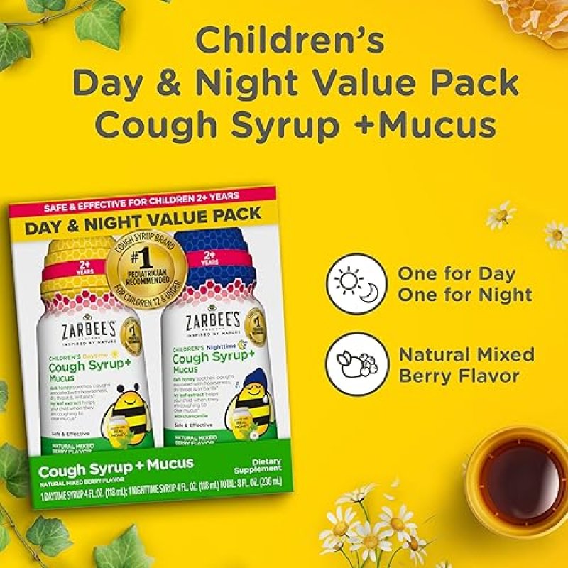 ZARBEES KIDS HONEY COUGH SYRUP DAY NIGHT PACK WITH IVY LEAF, CHAMOMILE, MIXED BERRY - 2X4OZ