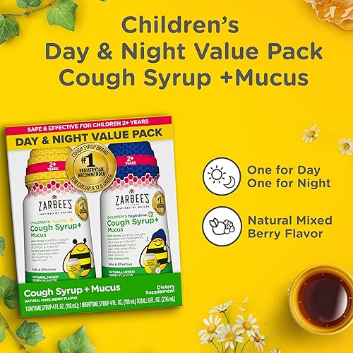 ZARBEES KIDS HONEY COUGH SYRUP DAY NIGHT PACK, TODDLER MUCUS RELIEF, MIXED BERRY, 2X4OZ