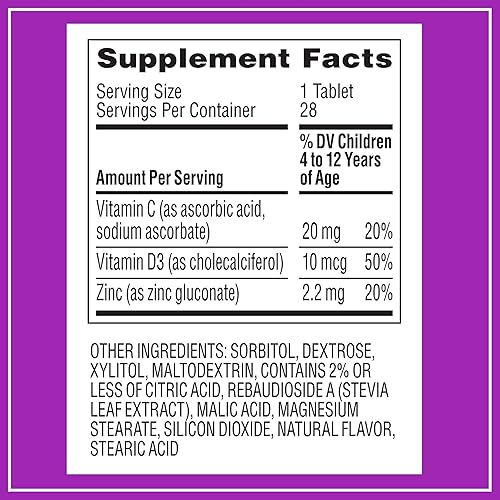 ZARBEES KIDS IMMUNE SUPPORT VITAMINS WITH C, D ZINC, NATURAL TROPICAL FLAVOR, 28 TABLETS