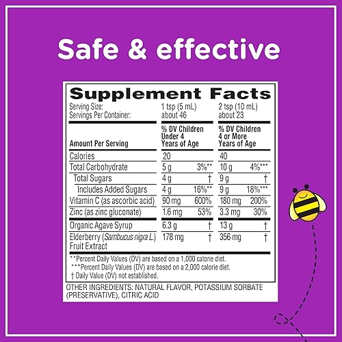 ZARBEES ELDERBERRY SYRUP FOR KIDS IMMUNE SUPPORT WITH VITAMIN C ZINC, NATURAL BERRY, 8 FL OZ