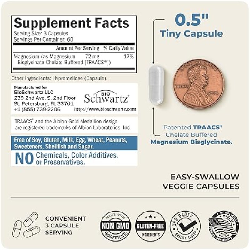 BIOSCHWARTZ MAGNESIUM BISGLYCINATE CHELATE SUPPLEMENT HIGH ABSORPTION, NON-GMO, MUSCLE BONE SUPPORT 180 CAPSULES
