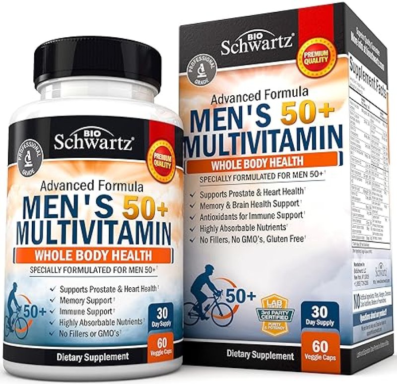 BIOSCHWARTZ MENS 50 MULTIVITAMIN WITH ZINC, A, B, C, D3, E HEART, BRAIN WHOLE BODY SUPPORT 60 CT
