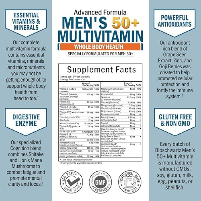 BIOSCHWARTZ MENS 50 MULTIVITAMIN WITH ZINC, A, B, C, D3, E HEART, BRAIN WHOLE BODY SUPPORT 60 CT