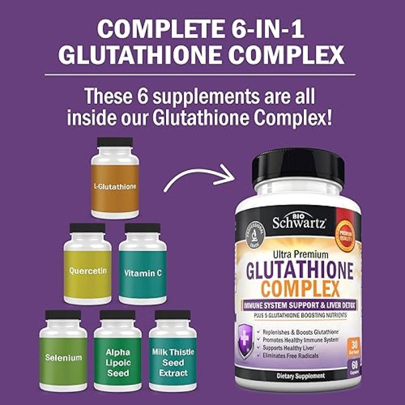 BIOSCHWARTZ GLUTATHIONE 500MG CAPSULES WITH QUERCETIN, VITAMIN C MILK THISTLE IMMUNE LIVER SUPPORT,