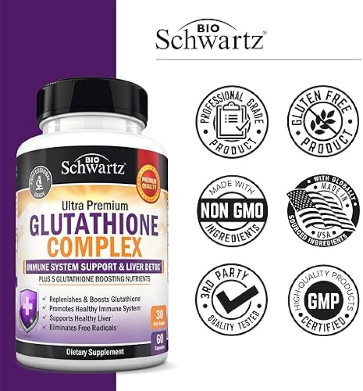 BIOSCHWARTZ GLUTATHIONE 500MG CAPSULES WITH QUERCETIN, VITAMIN C MILK THISTLE IMMUNE LIVER SUPPORT,