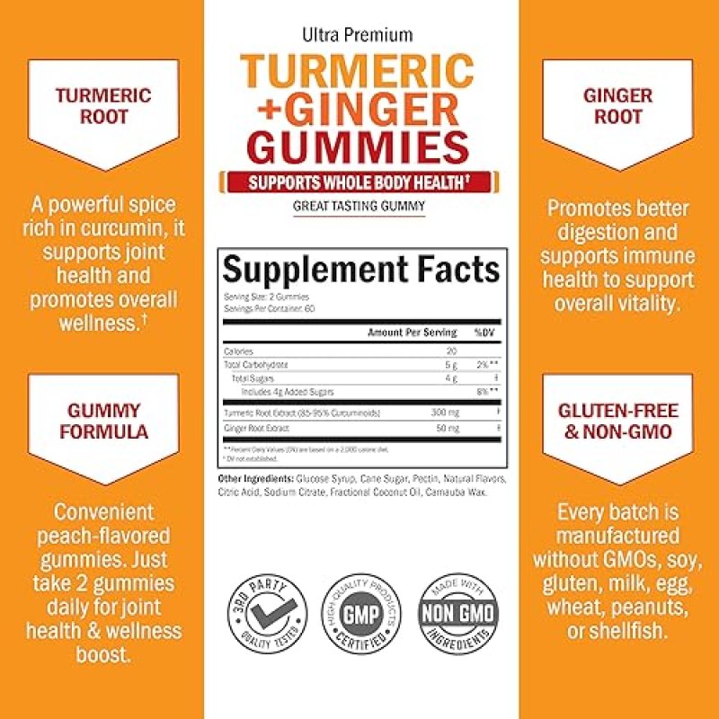 BIOSCHWARTZ TURMERIC CURCUMIN GINGER GUMMIES EXTRA STRENGTH JOINT SUPPORT, PEACH FLAVOR, 120 COUNT, NON-GMO