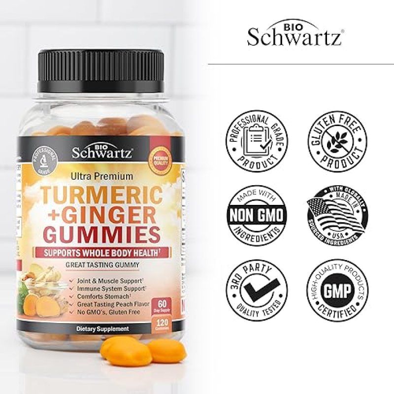 BIOSCHWARTZ TURMERIC CURCUMIN GINGER GUMMIES EXTRA STRENGTH JOINT SUPPORT, PEACH FLAVOR, 120 COUNT, NON-GMO