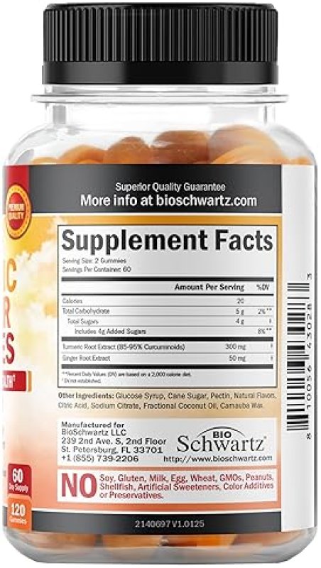 BIOSCHWARTZ TURMERIC CURCUMIN GINGER GUMMIES EXTRA STRENGTH JOINT SUPPORT, PEACH FLAVOR, 120 COUNT, NON-GMO