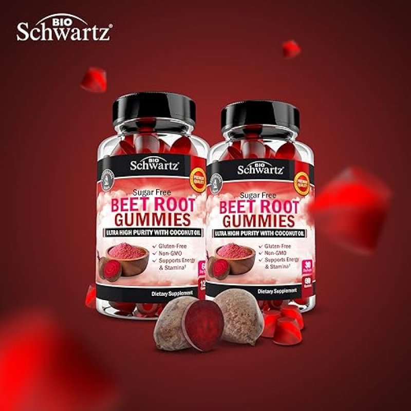BIOSCHWARTZ SUGAR FREE BEET ROOT GUMMIES - NITRIC OXIDE GUMMIES INFUSED WITH COCONUT OIL FOR HIGHEST ABSORPTION