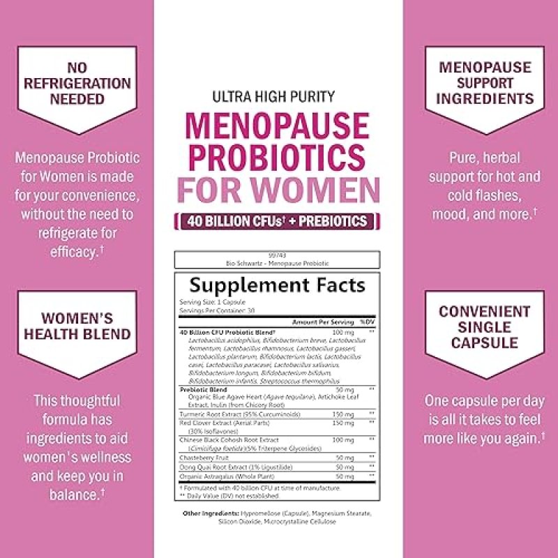 BIOSCHWARTZ MENOPAUSE PROBIOTICS FOR WOMEN 40B CFU - SUPPORT HOT FLASHES, MOOD, BALANCE - 30 CAPS
