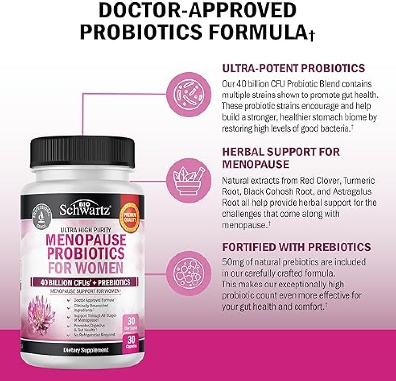 BIOSCHWARTZ MENOPAUSE PROBIOTICS FOR WOMEN 40B CFU - SUPPORT HOT FLASHES, MOOD, BALANCE - 30 CAPS