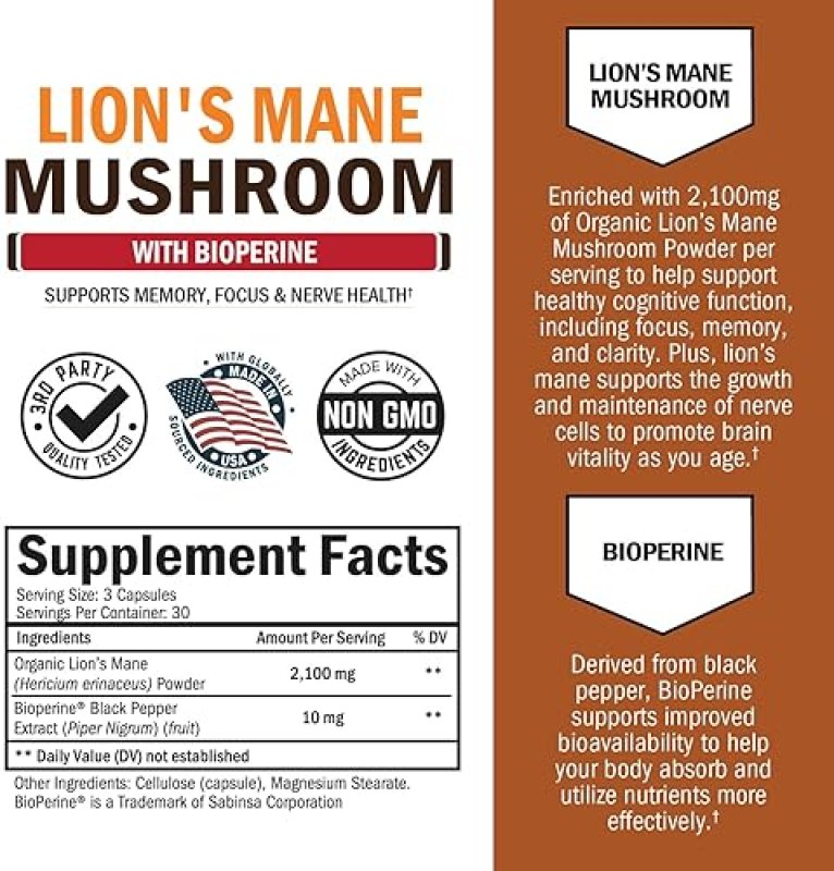 BIOSCHWARTZ ORGANIC LION S MANE CAPSULES 2100MG WITH BIOPERINE BRAIN FOCUS MEMORY BOOST