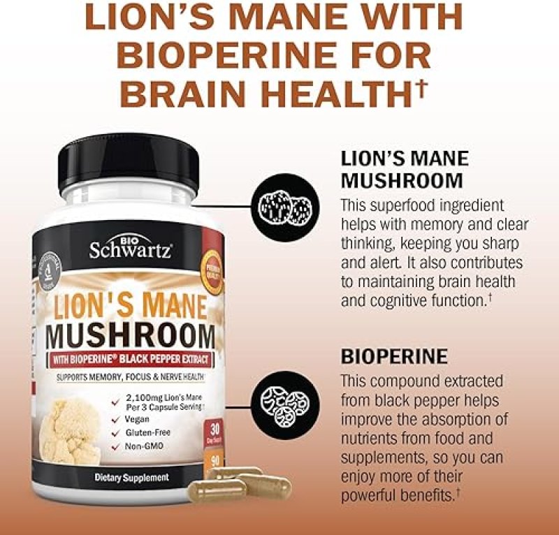 BIOSCHWARTZ ORGANIC LION S MANE CAPSULES 2100MG WITH BIOPERINE BRAIN FOCUS MEMORY BOOST