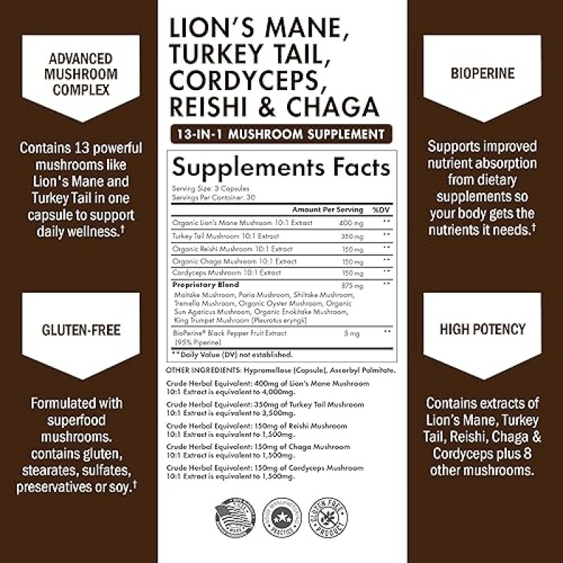 BIOSCHWARTZ ORGANIC 13-IN-1 MUSHROOM COMPLEX CAPSULES WITH LION S MANE, REISHI CHAGA SUPPORTS FOCUS,