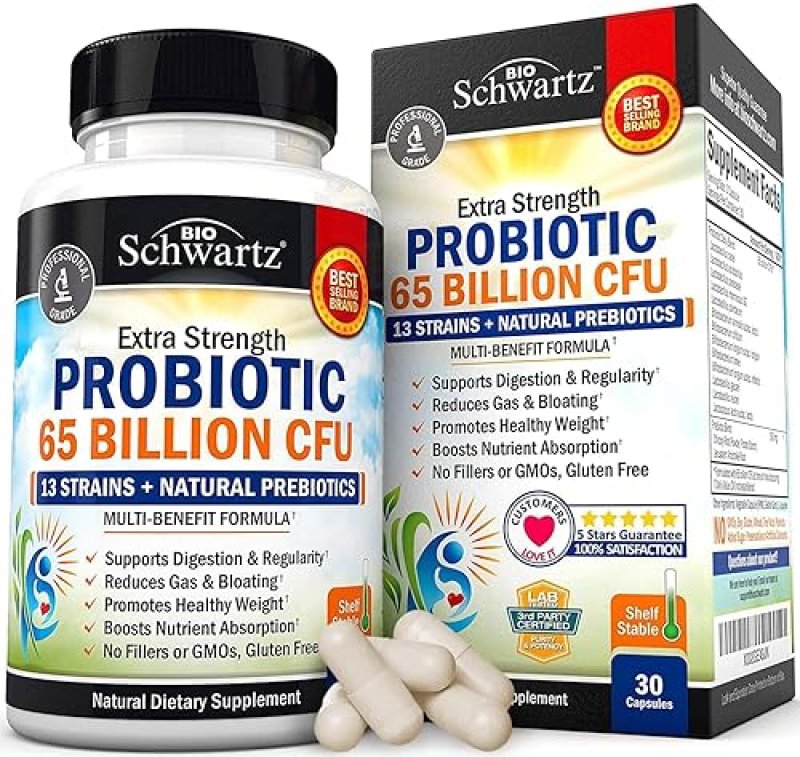 BIOSCHWARTZ PROBIOTIC 65 BILLION CFU WITH PREBIOTIC - DIGESTIVE HEALTH CAPSULES FOR MEN WOMEN, NON-GMO