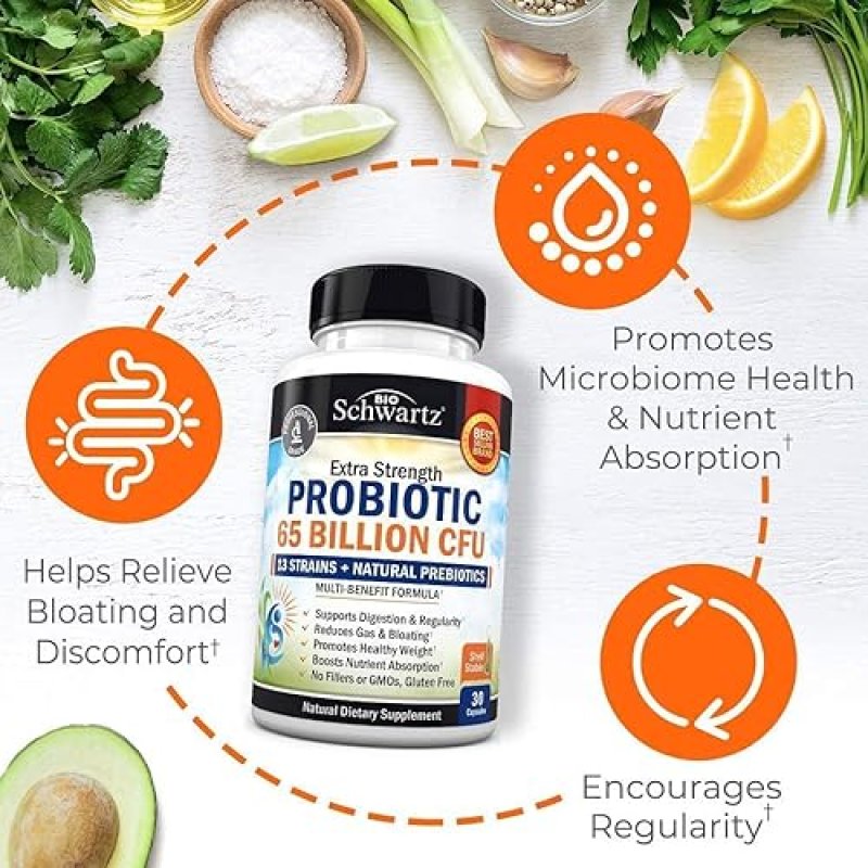 BIOSCHWARTZ PROBIOTIC 65 BILLION CFU WITH PREBIOTIC - DIGESTIVE HEALTH CAPSULES FOR MEN WOMEN, NON-GMO