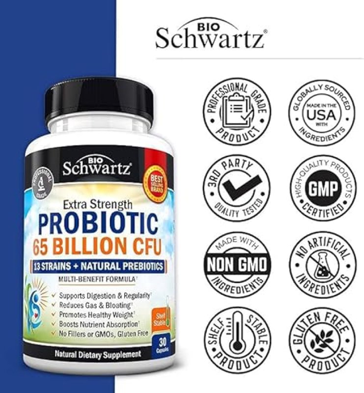 BIOSCHWARTZ PROBIOTIC 65 BILLION CFU WITH PREBIOTIC - DIGESTIVE HEALTH CAPSULES FOR MEN WOMEN, NON-GMO