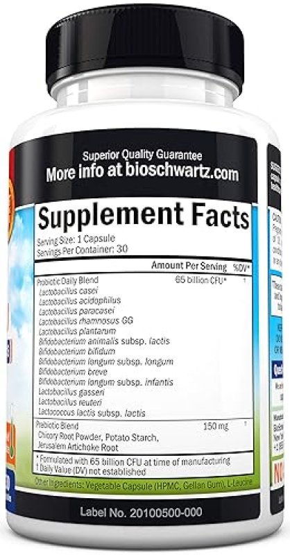 BIOSCHWARTZ PROBIOTIC 65 BILLION CFU WITH PREBIOTIC - DIGESTIVE HEALTH CAPSULES FOR MEN WOMEN, NON-GMO