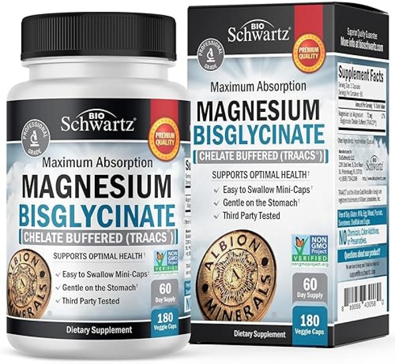 BIOSCHWARTZ MAGNESIUM BISGLYCINATE CHELATE SUPPLEMENT HIGH ABSORPTION, MUSCLE BONE SUPPORT, 180 CAPSULES