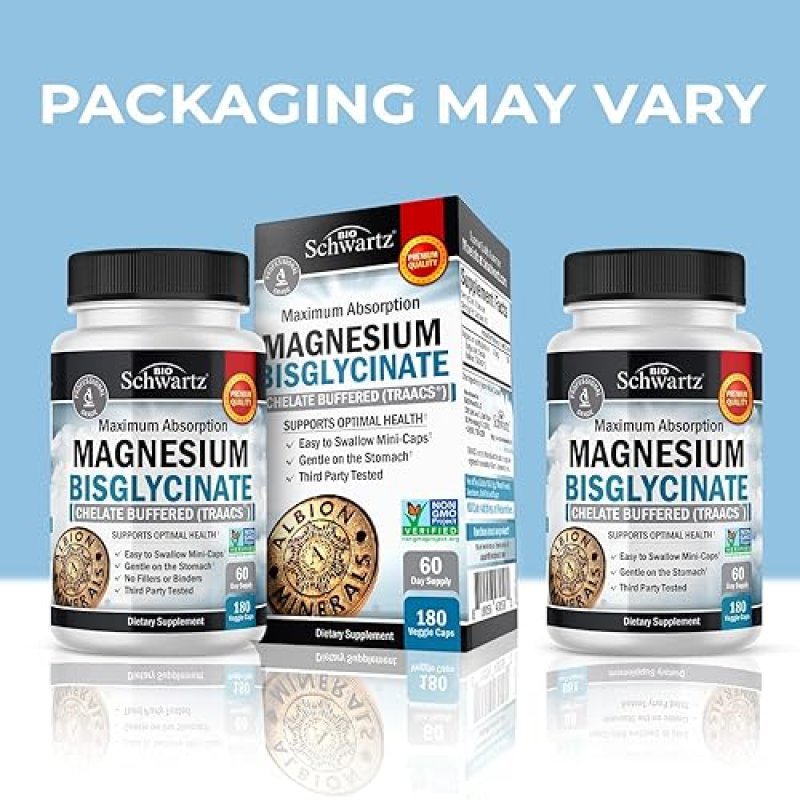 BIOSCHWARTZ MAGNESIUM BISGLYCINATE CHELATE SUPPLEMENT HIGH ABSORPTION, MUSCLE BONE SUPPORT, 180 CAPSULES