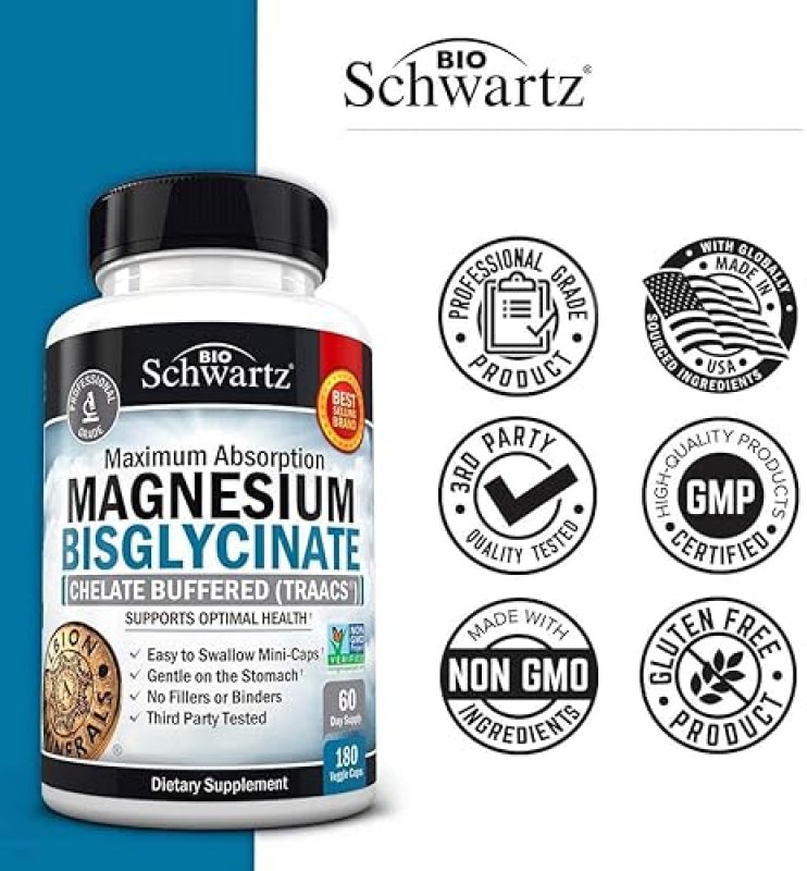 BIOSCHWARTZ MAGNESIUM BISGLYCINATE CHELATE SUPPLEMENT HIGH ABSORPTION, MUSCLE BONE SUPPORT, 180 CAPSULES