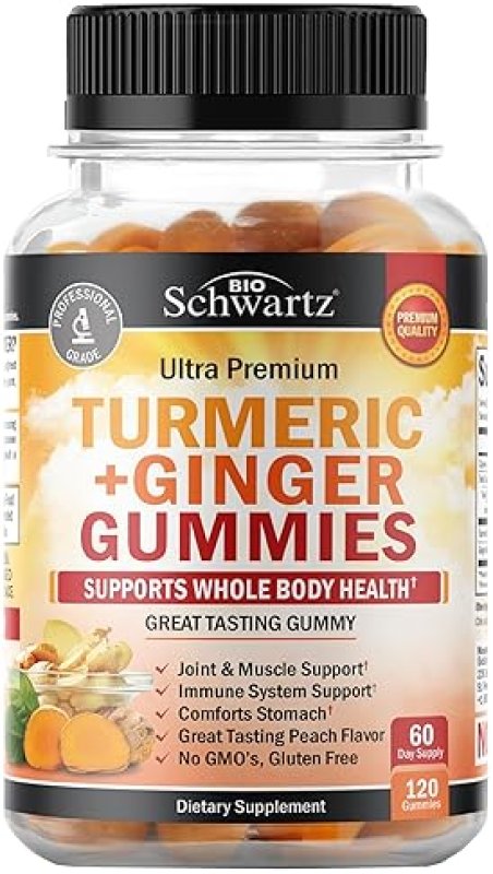 BIOSCHWARTZ TURMERIC CURCUMIN GINGER GUMMIES - EXTRA STRENGTH JOINT SUPPORT, PEACH FLAVOR, 120 COUNT