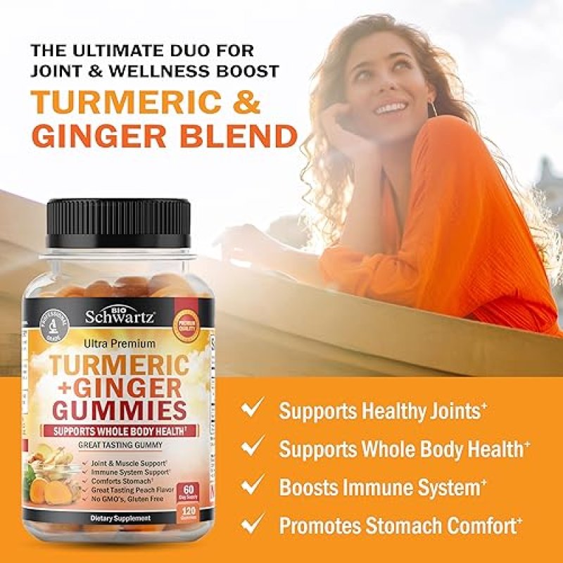 BIOSCHWARTZ TURMERIC CURCUMIN GINGER GUMMIES - EXTRA STRENGTH JOINT SUPPORT, PEACH FLAVOR, 120 COUNT